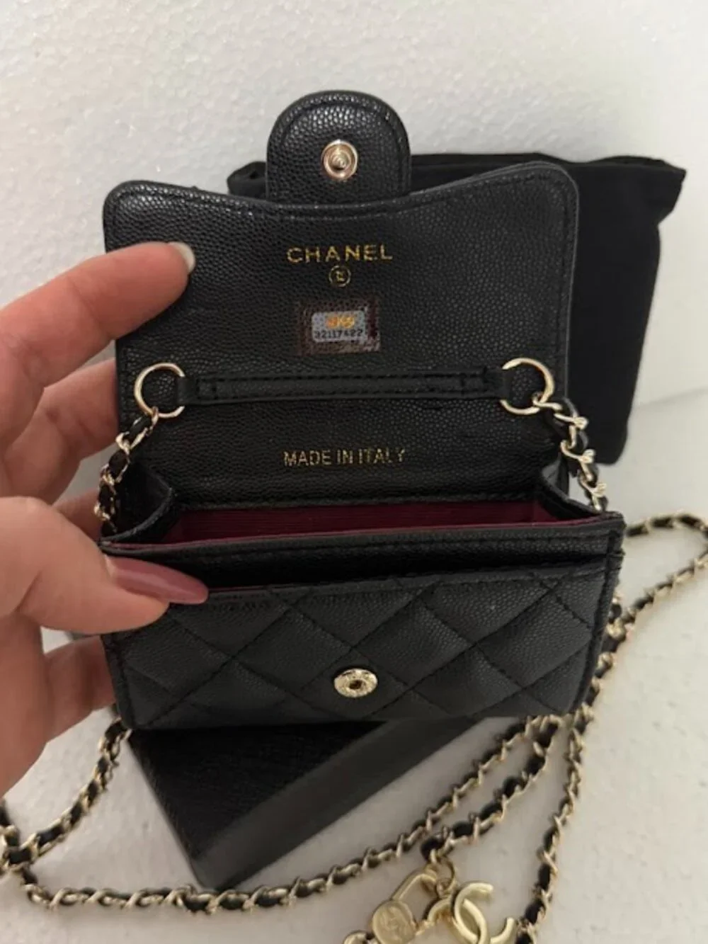 Black Quilted Caviar Leather Mini Flap Card Holder Chain Crossbody Wallet